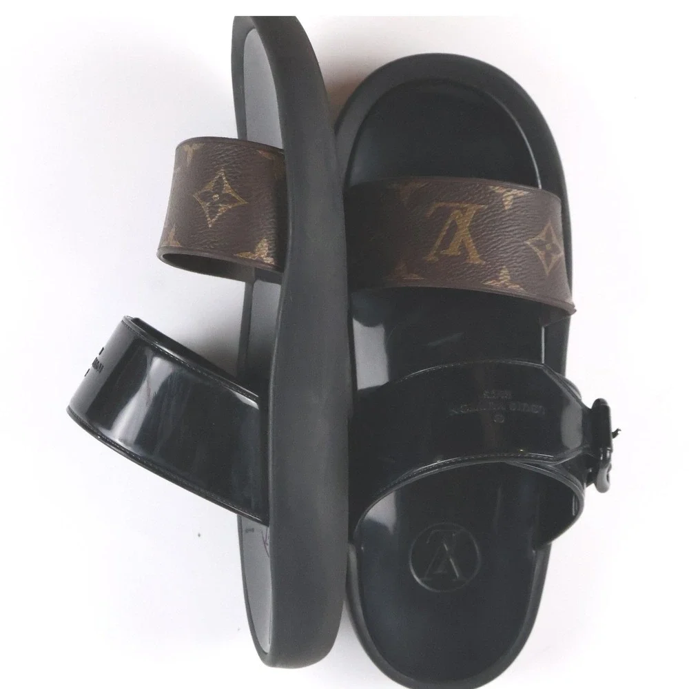 Louis Vuitton Flat Comfort Sandal Black Monogram 40 Leather Canvas